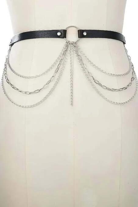 Faux Leather Waist Belt Harness with Layered Chains