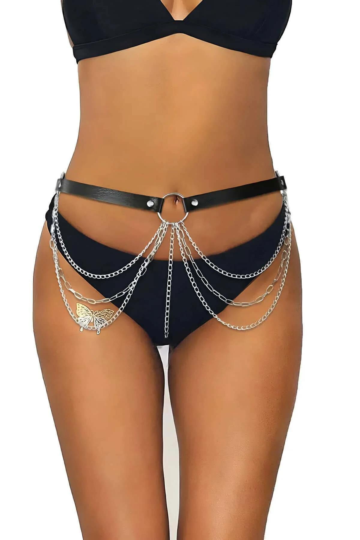 Faux Leather Waist Belt Harness with Layered Chains