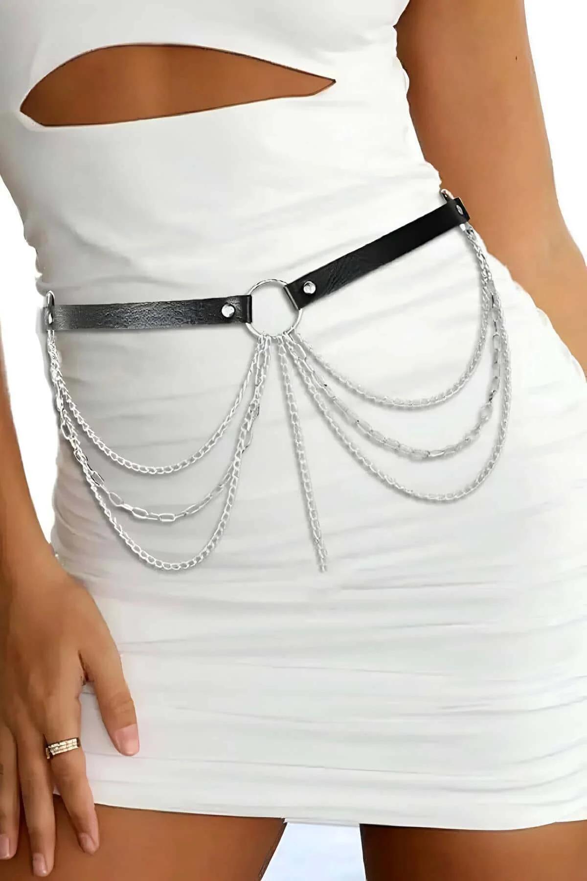 Faux Leather Waist Belt Harness with Layered Chains