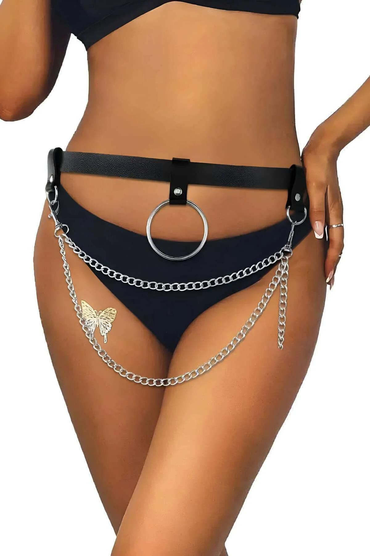 Faux Leather Waist Belt with Chain & Butterfly Charm