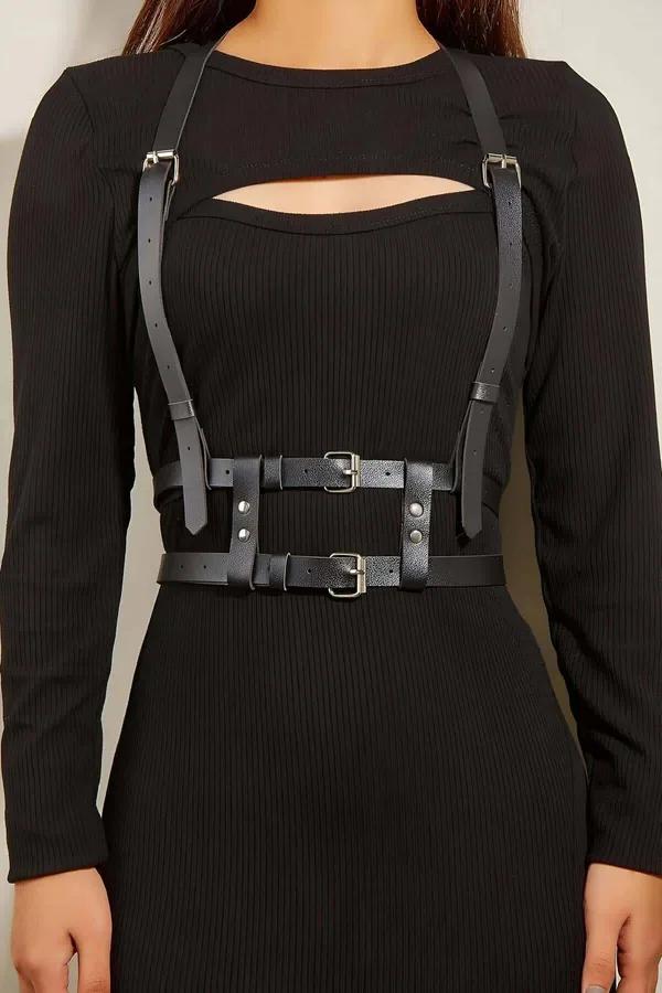 Faux Leather Chest Harness with Double Buckle Waistband