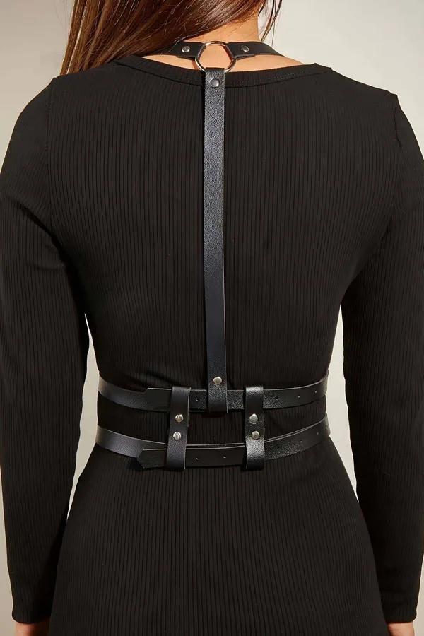 Faux Leather Chest Harness with Double Buckle Waistband