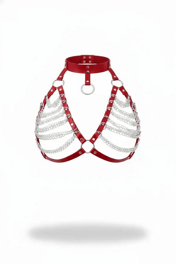 Red Faux Leather Chain Draped Choker Chest Harness