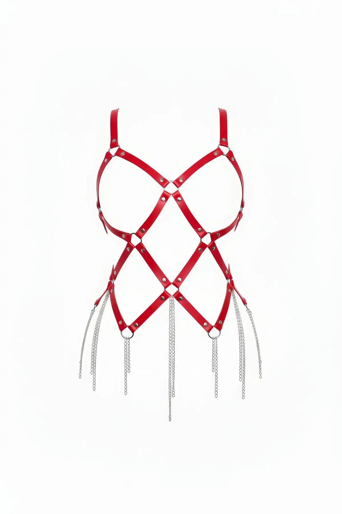 Red Strappy Body Harness with Silver Chain Drip