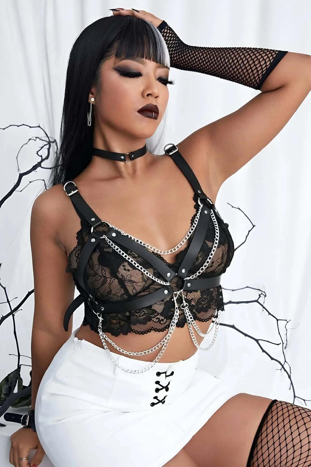 Chain & O-Ring Faux Leather Chest Harness
