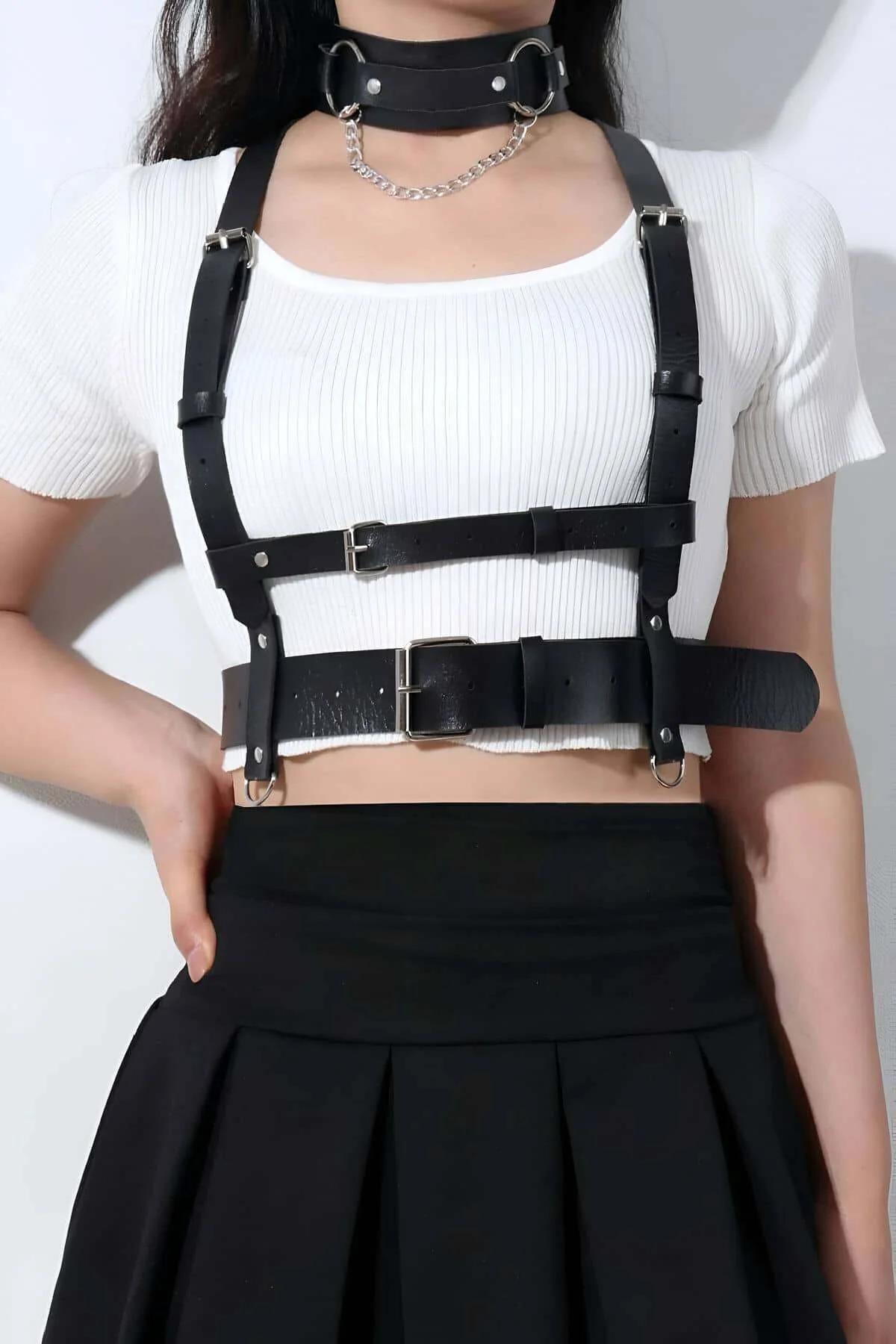 Back View of Black Faux Leather Harness with Waist Belt Buckle Detail