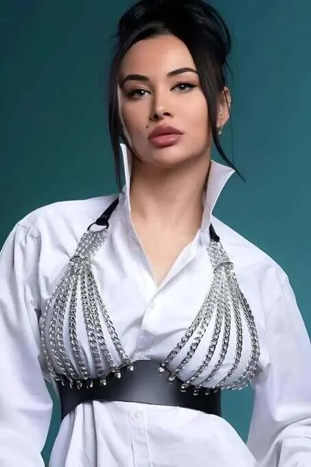 Chained Body Harness with Faux Leather Band