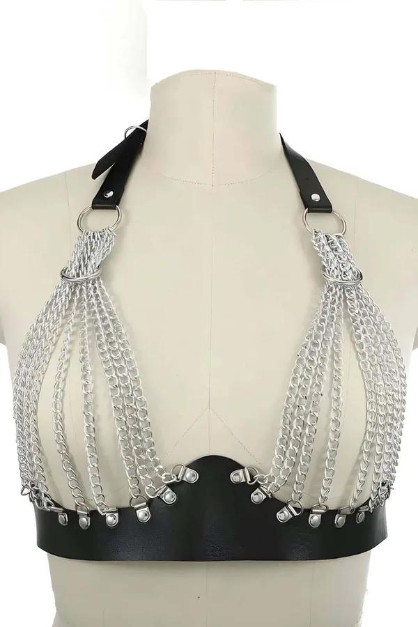 Chained Body Harness with Faux Leather Band