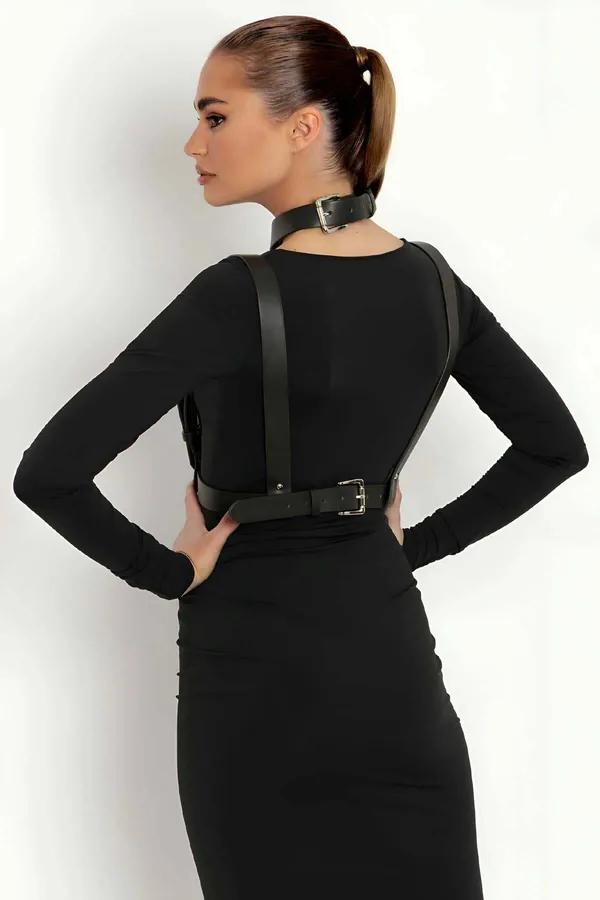 Black Faux Leather Body Harness with O-Ring