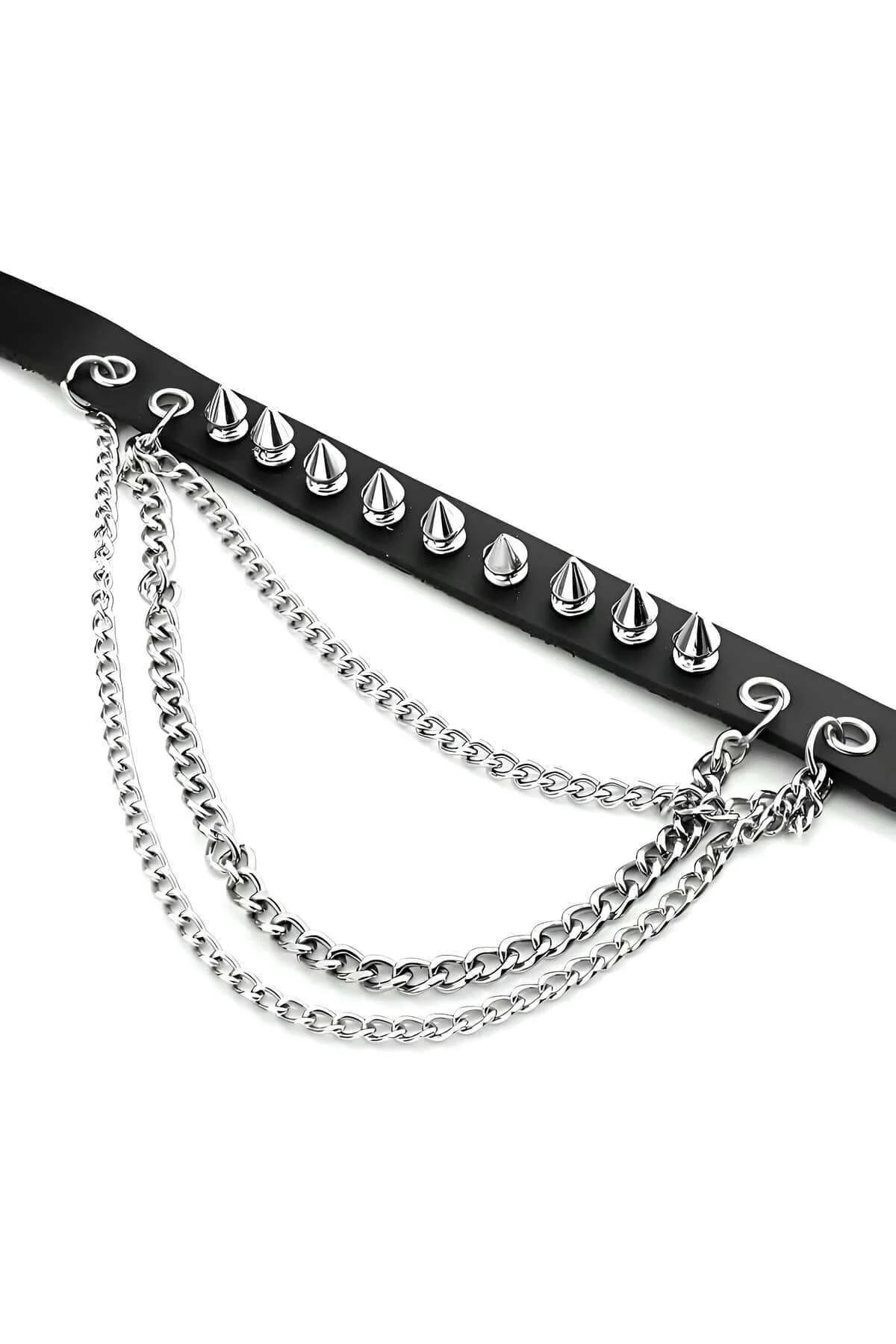 Spiked Faux Leather Choker with Layered Chain