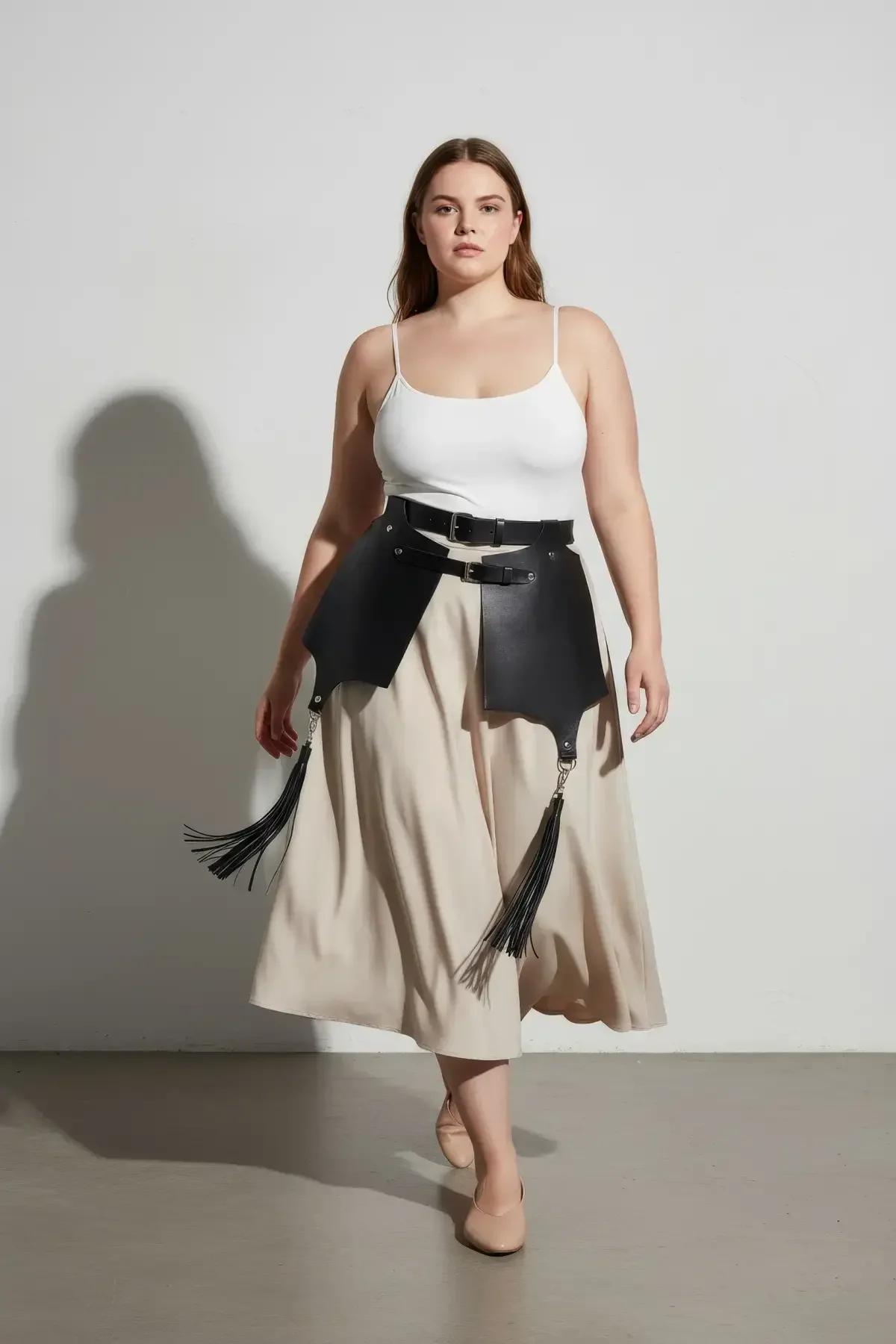 Faux Leather Waist Harness with Wide Skirt Panels & Tassels