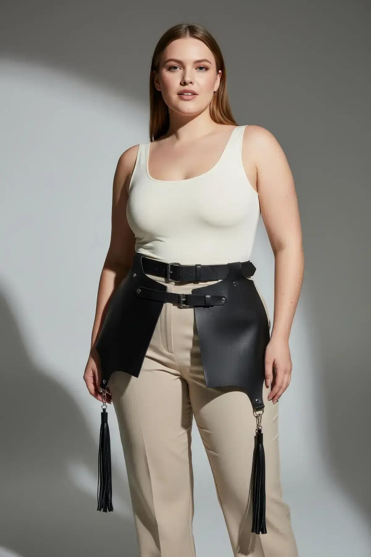 Faux Leather Waist Harness with Wide Skirt Panels & Tassels