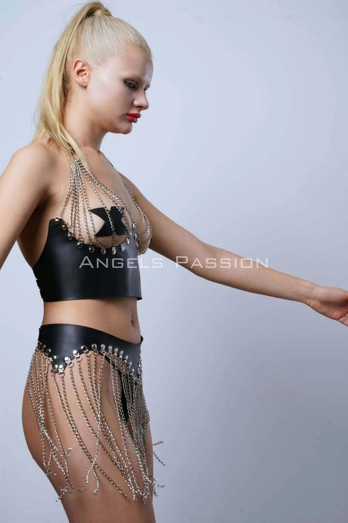 Faux Leather Bra Top and Chain Fringe Skirt Set