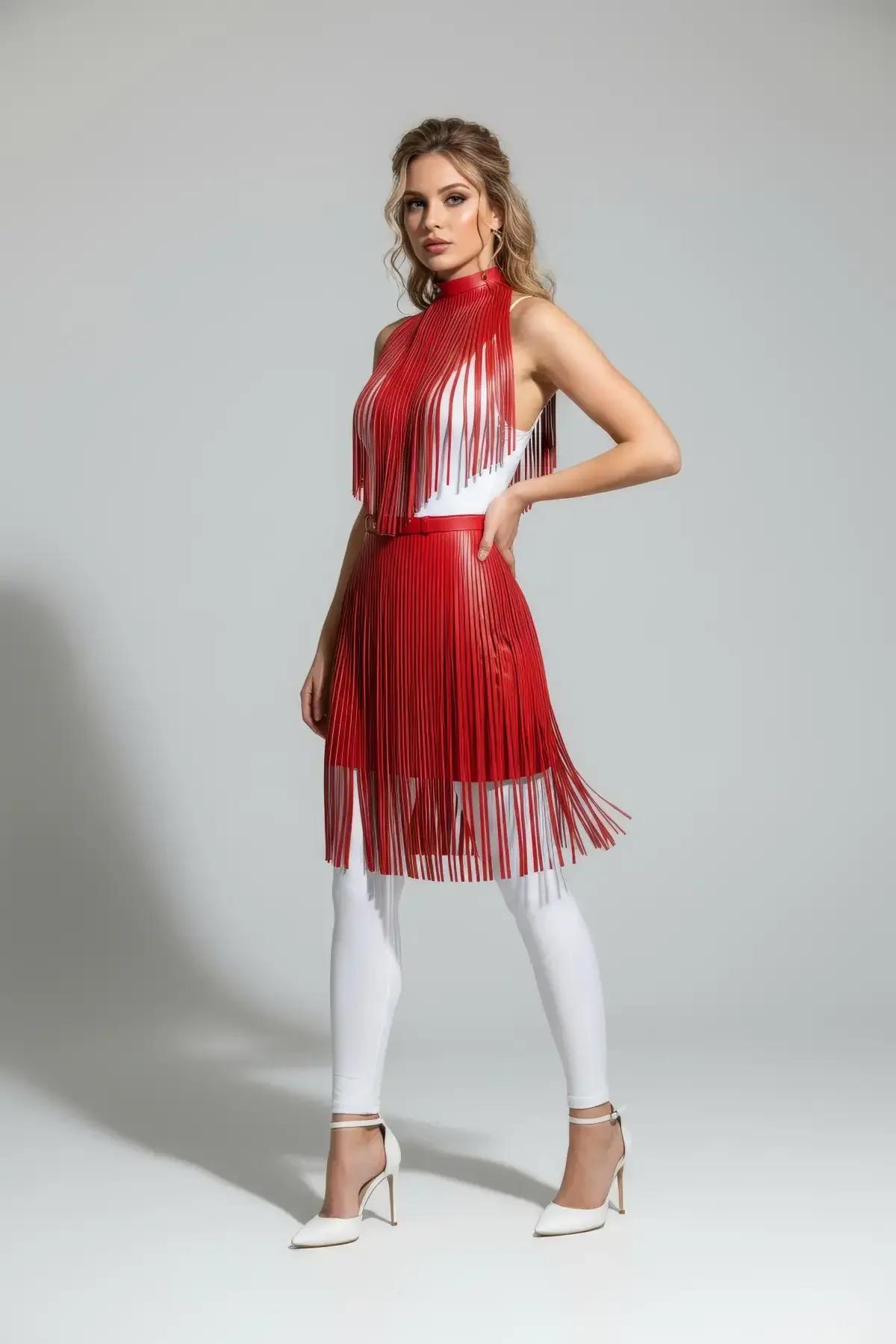 Red Faux Leather Fringe Overlay Skirt