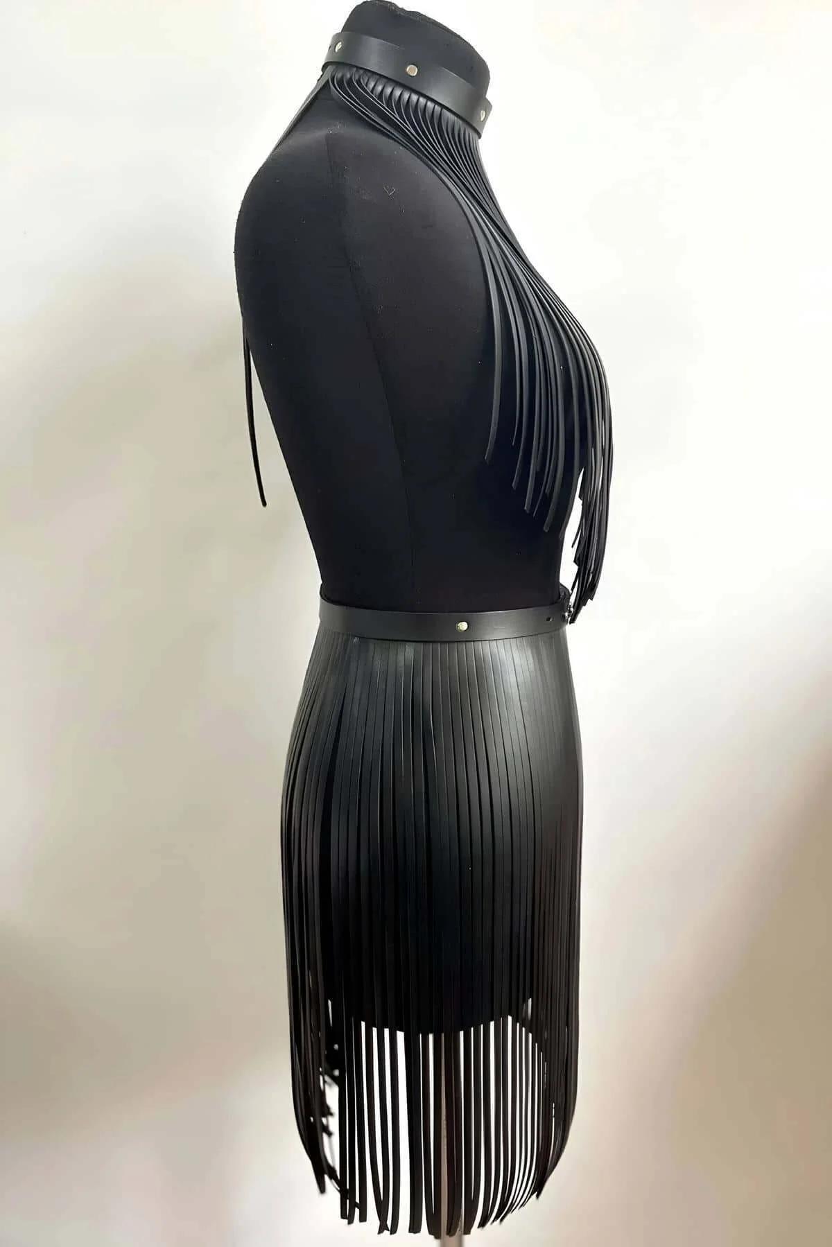 Fringe Halter Top and Skirt Set in Faux Leather