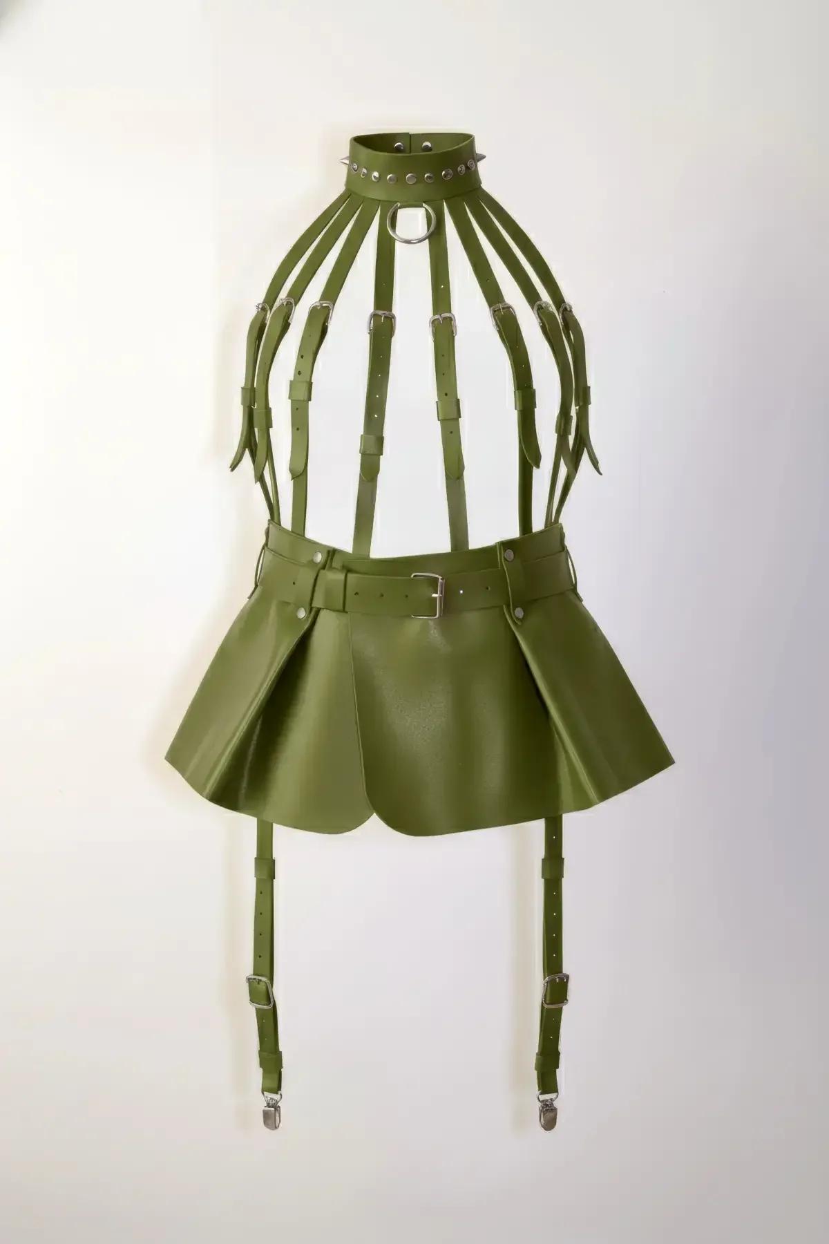 Olive Vegan Leather Cage Harness with Skirt