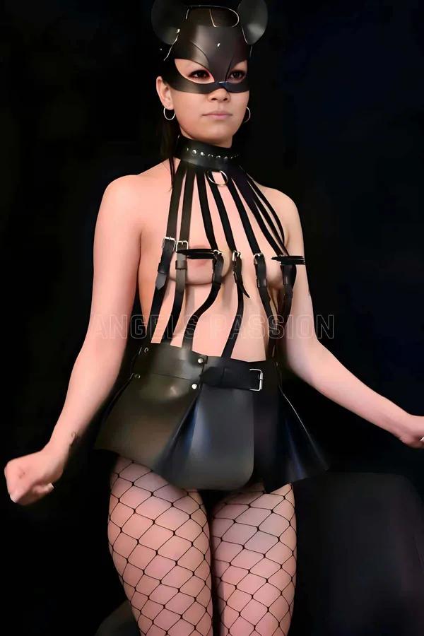 Black Faux Leather Skirt Harness and Adjustable Bustier