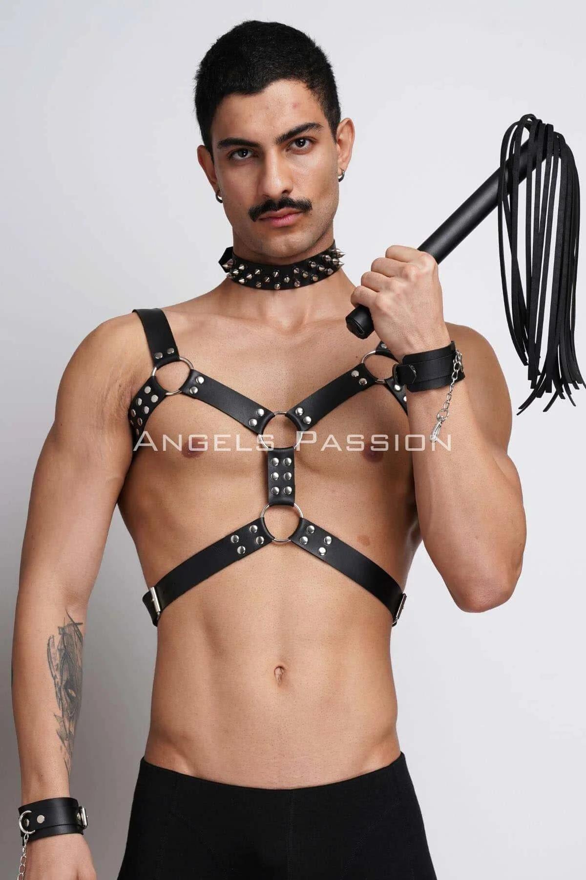 Strappy Chest Harness with Spiked Choker & Cuffs