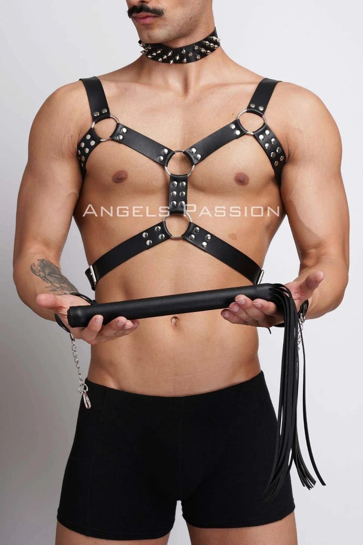 Strappy Chest Harness with Spiked Choker & Cuffs