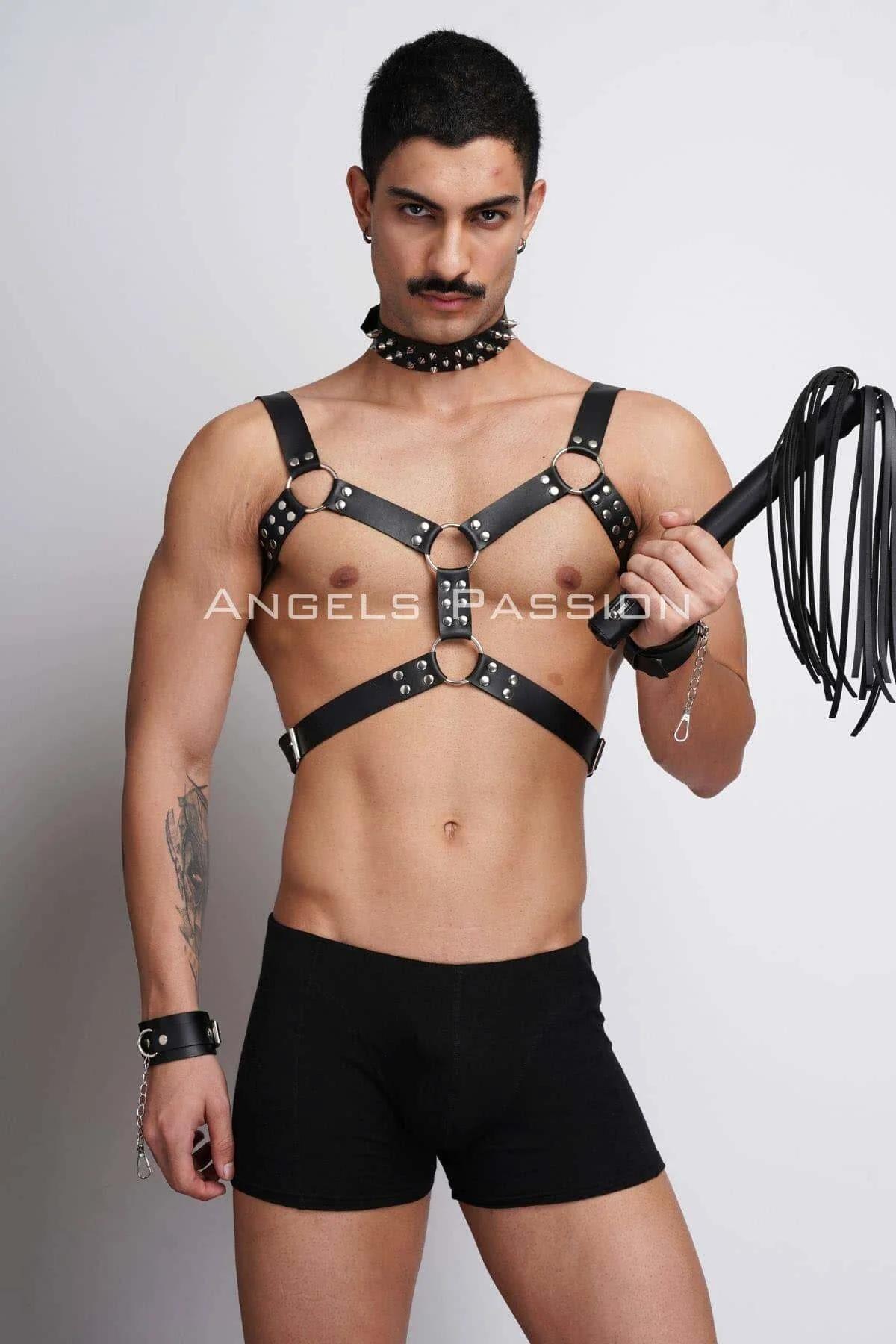 Strappy Chest Harness with Spiked Choker & Cuffs