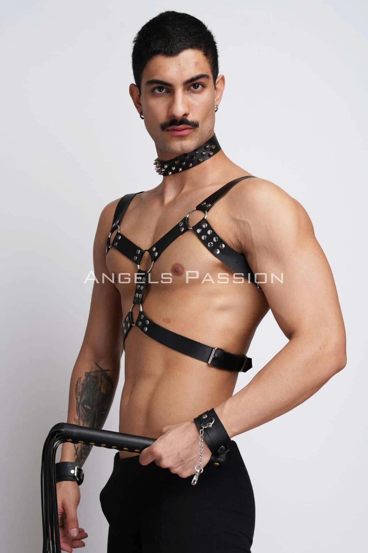 Strappy Chest Harness with Spiked Choker & Cuffs