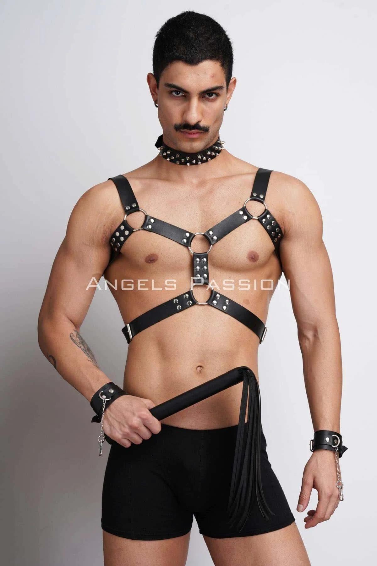 Strappy Chest Harness with Spiked Choker & Cuffs
