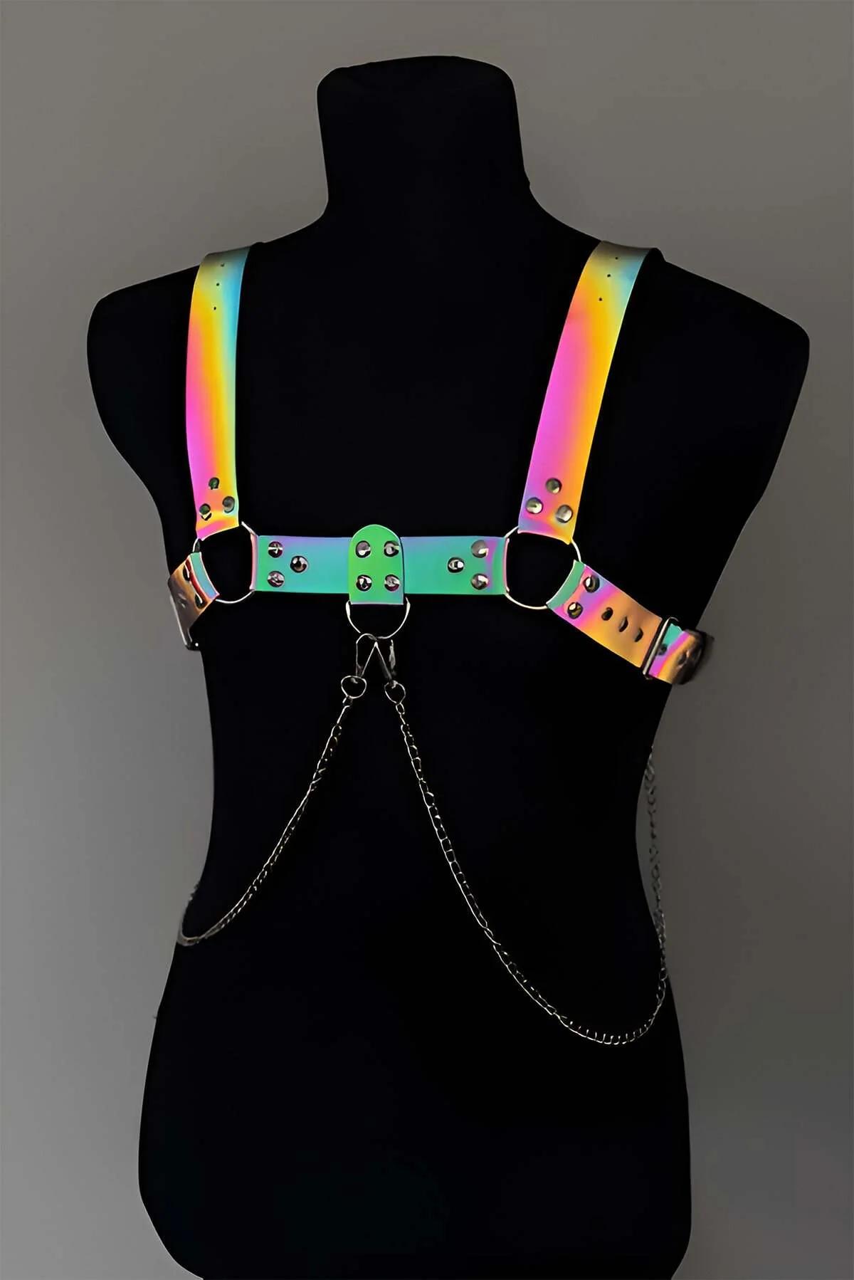 Rainbow Iridescent Body Harness with Chains