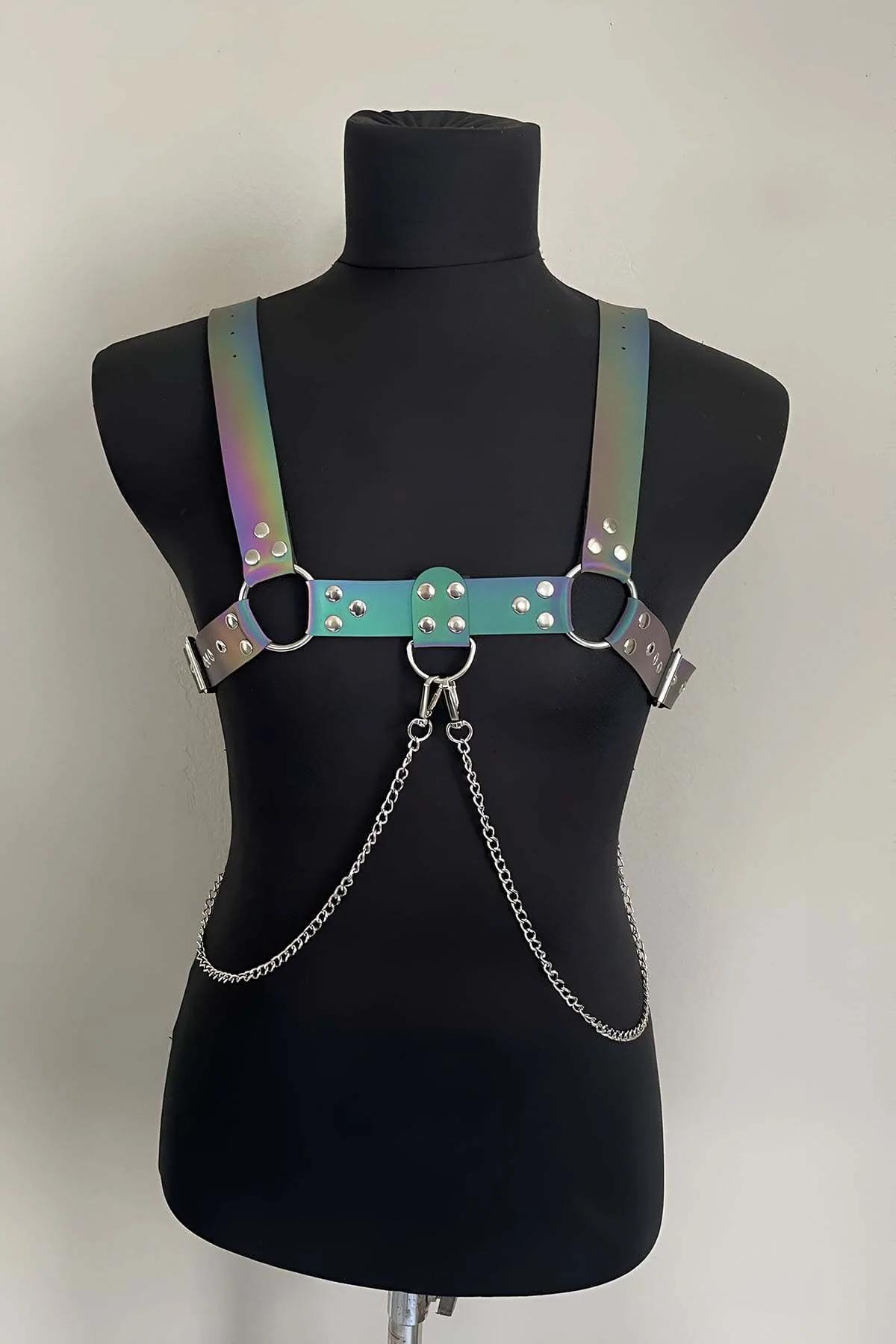 Rainbow Iridescent Body Harness with Chains