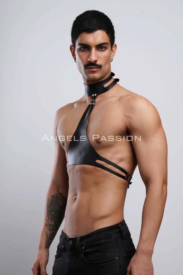 Faux Leather Harness with Collar & Chest Straps