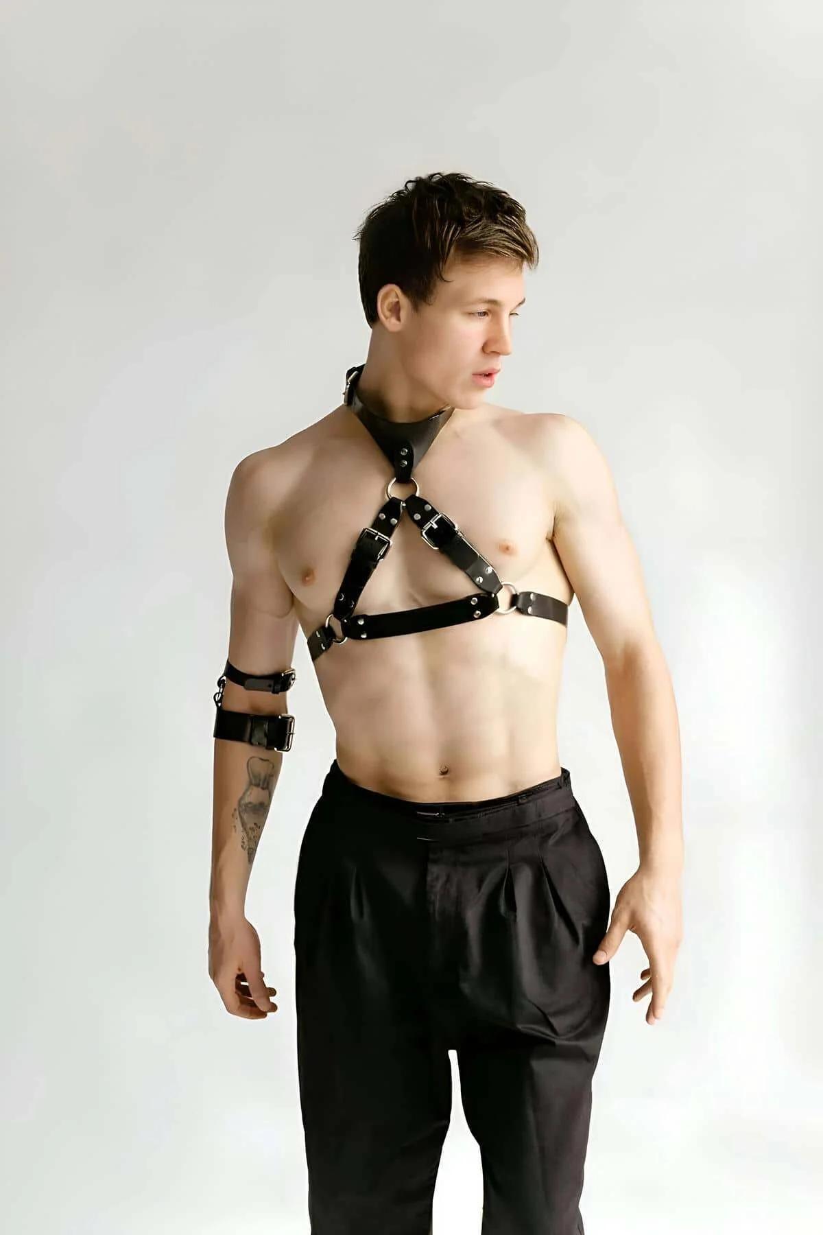 Faux Leather Chest Harness with Collar and Armbands