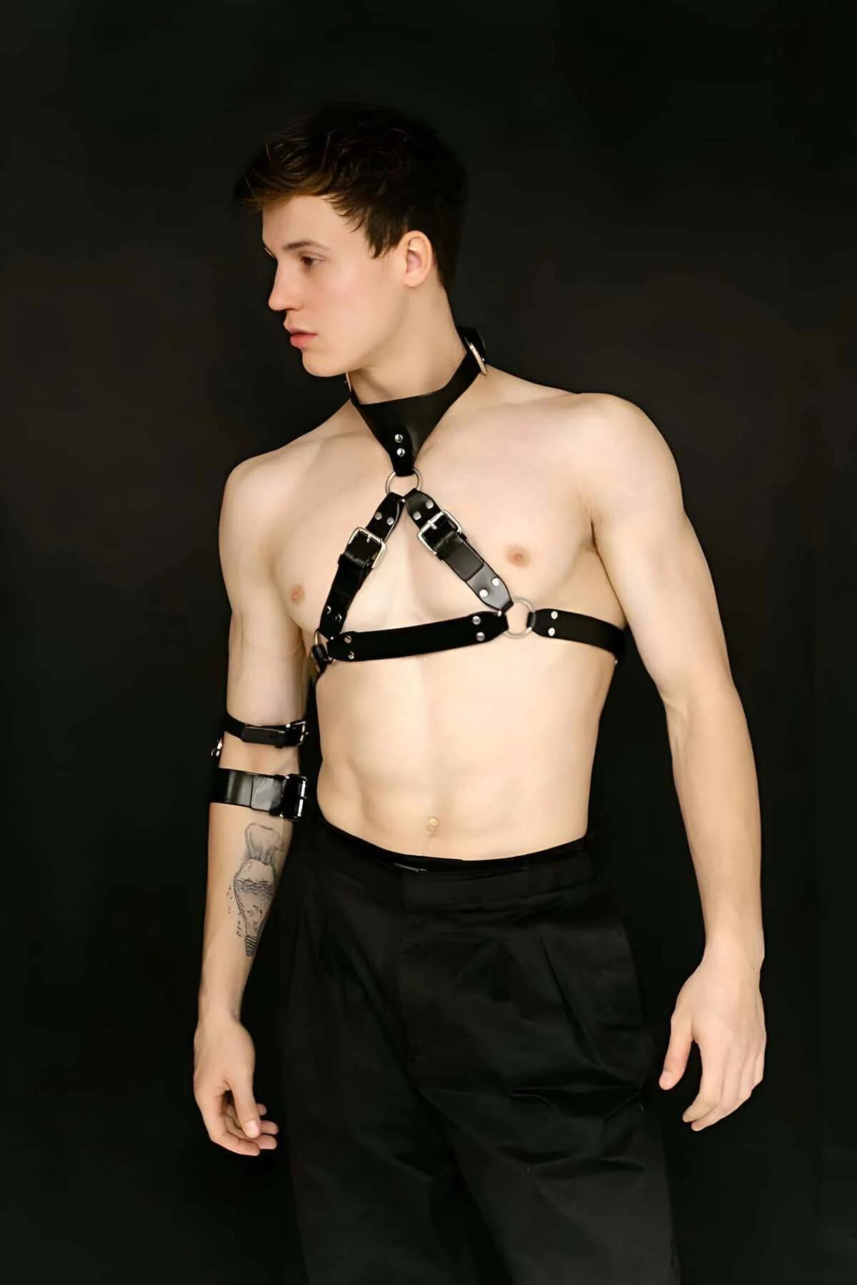 Faux Leather Chest Harness with Collar and Armbands