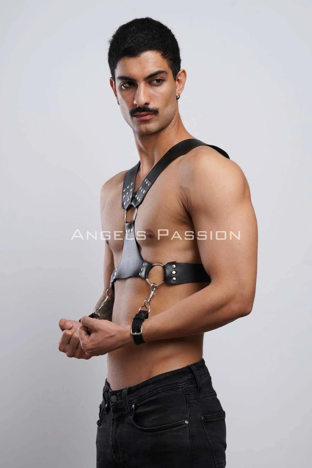 Studded Chest Harness with Detachable Cuffs