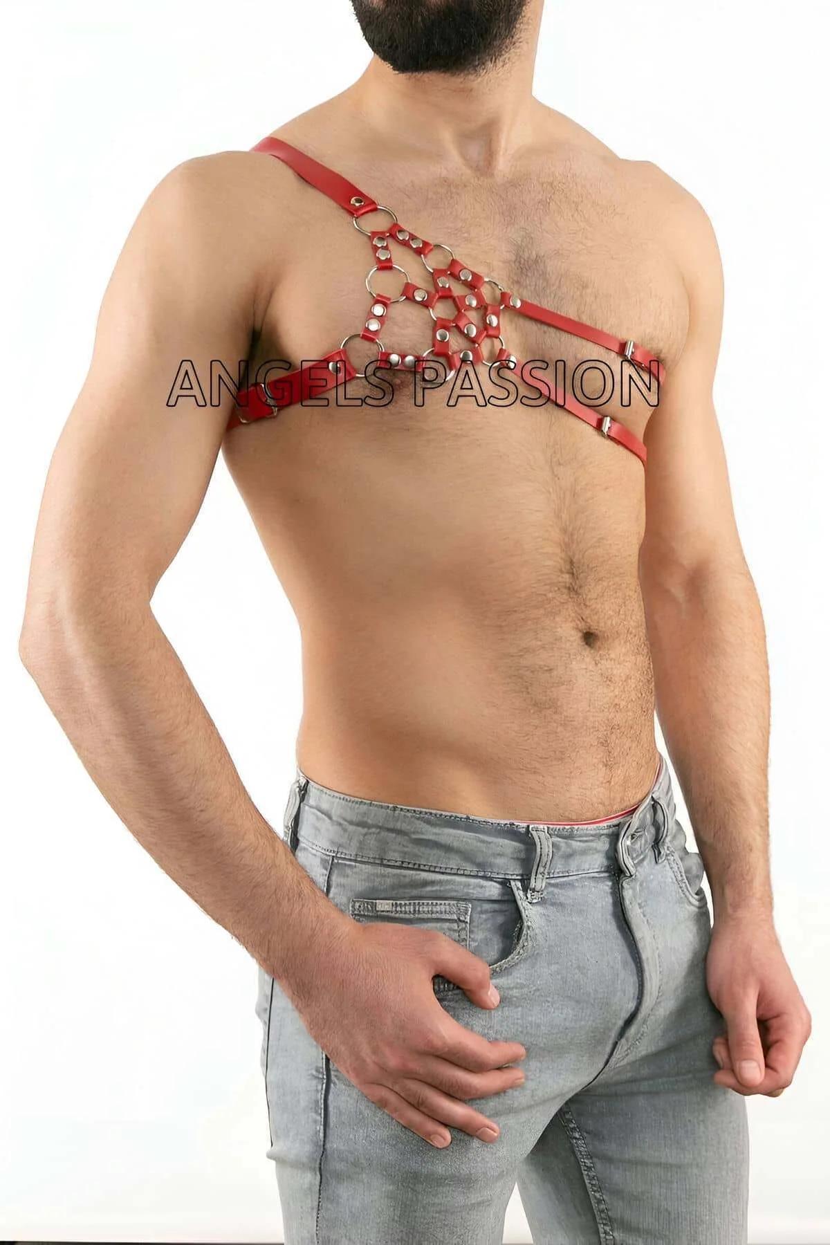 Red Faux Leather Single Shoulder Harness with Rings