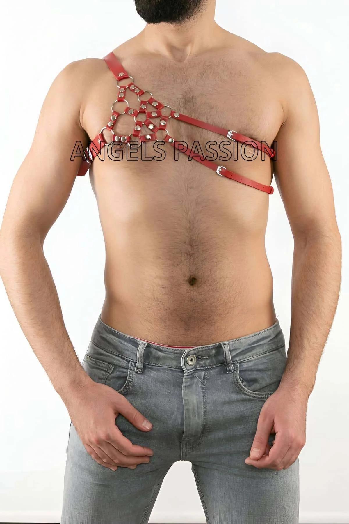 Red Faux Leather Single Shoulder Harness with Rings