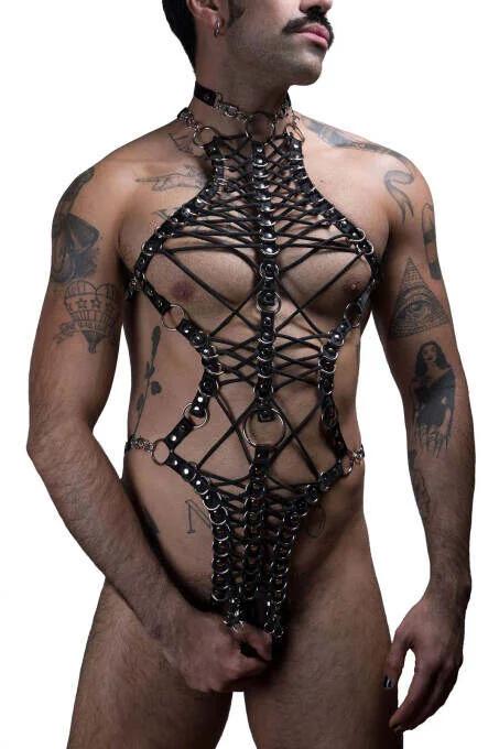 Men's Full Body Harness Front View Geometric Lacing Pattern Central O-Ring Detail