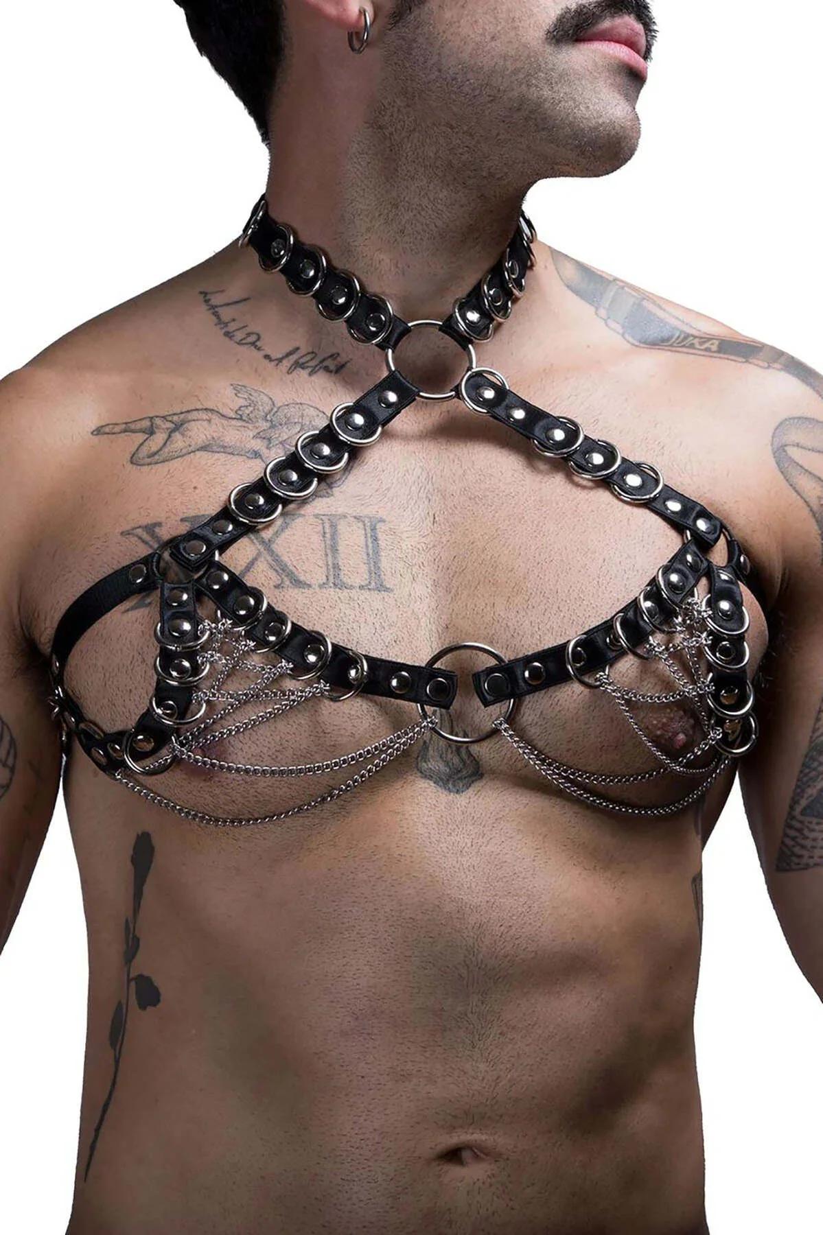 Black Faux Leather Harness with Chain Detail
