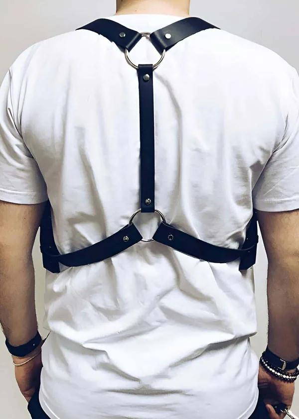 Black Faux Leather Chest Harness with O-Rings