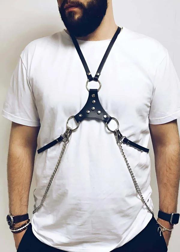 Black Faux Leather Chest Harness with O-Rings