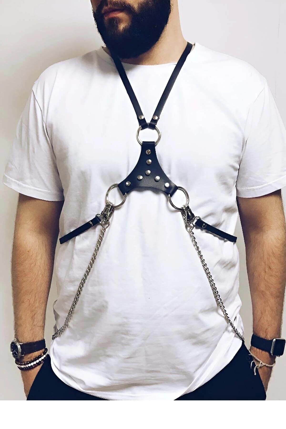 Chest Harness with Studded Plate and Detachable Chains