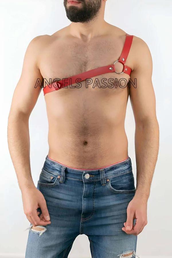 Red Vegan Leather One Shoulder Chest Harness O-Ring