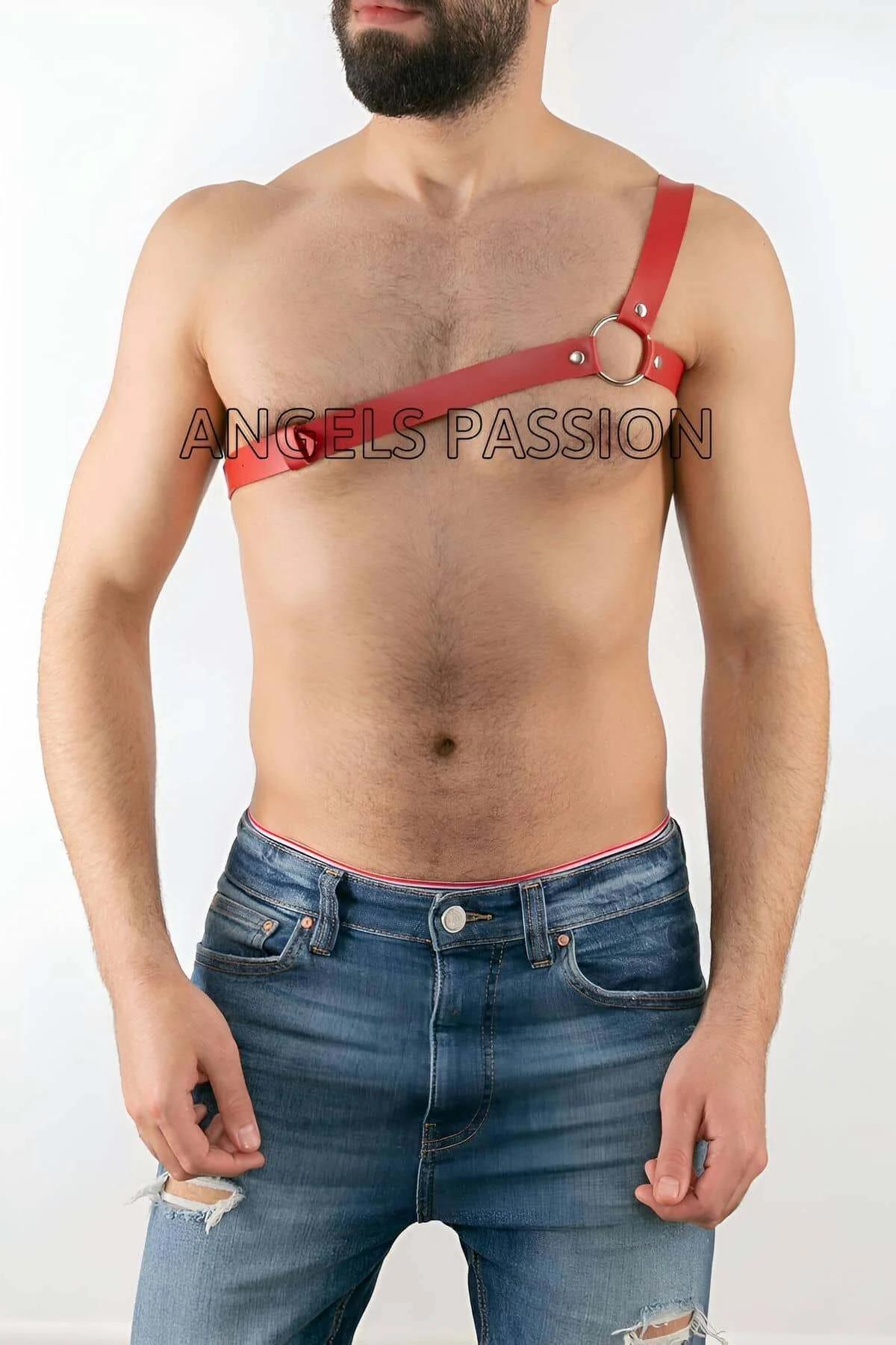 Red Vegan Leather One Shoulder Chest Harness O-Ring