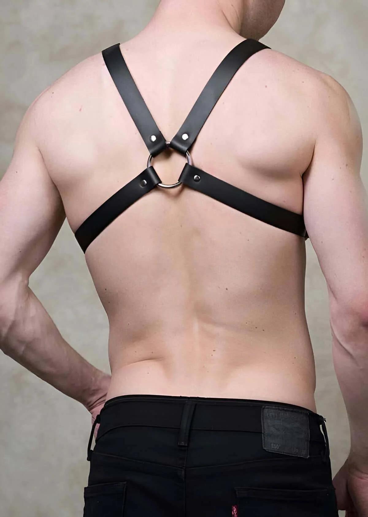 Black Faux Leather Chest Harness with O-Ring