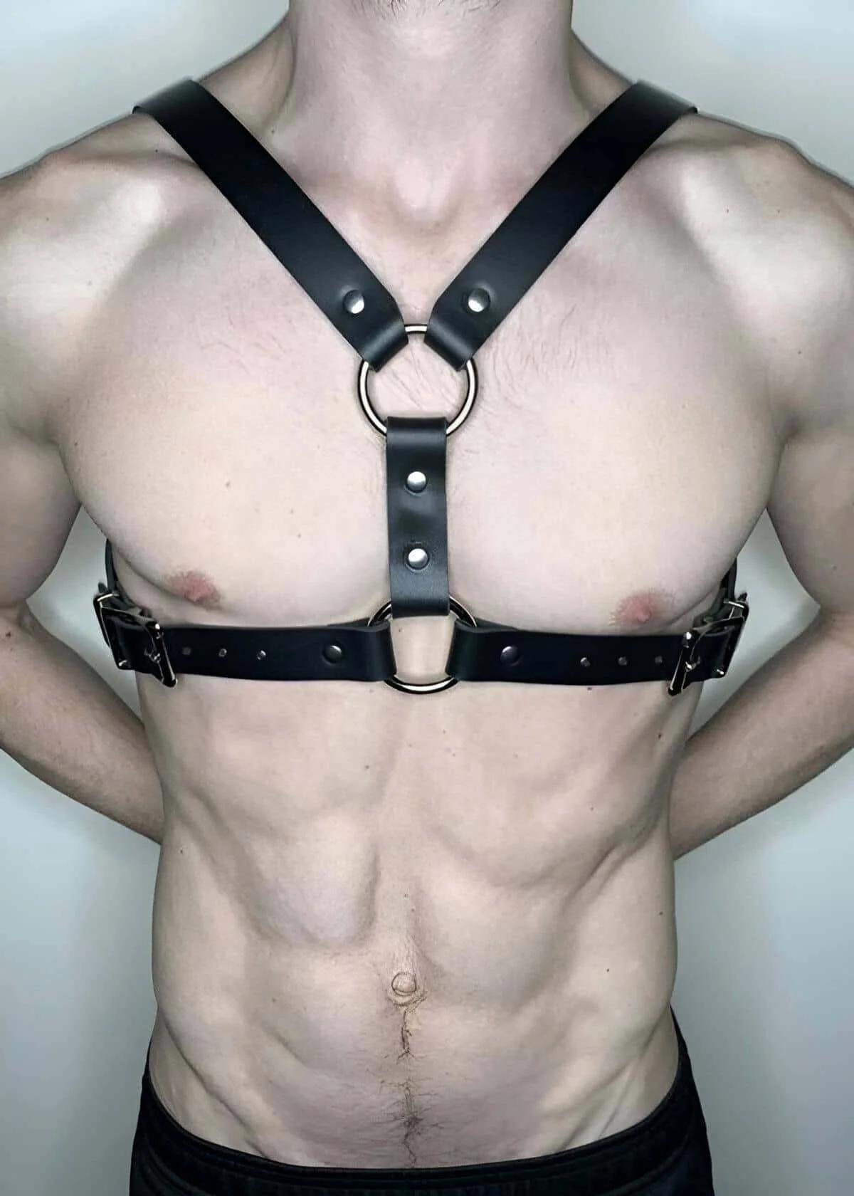 Adjustable Black Faux Leather Chest Harness with O-Rings