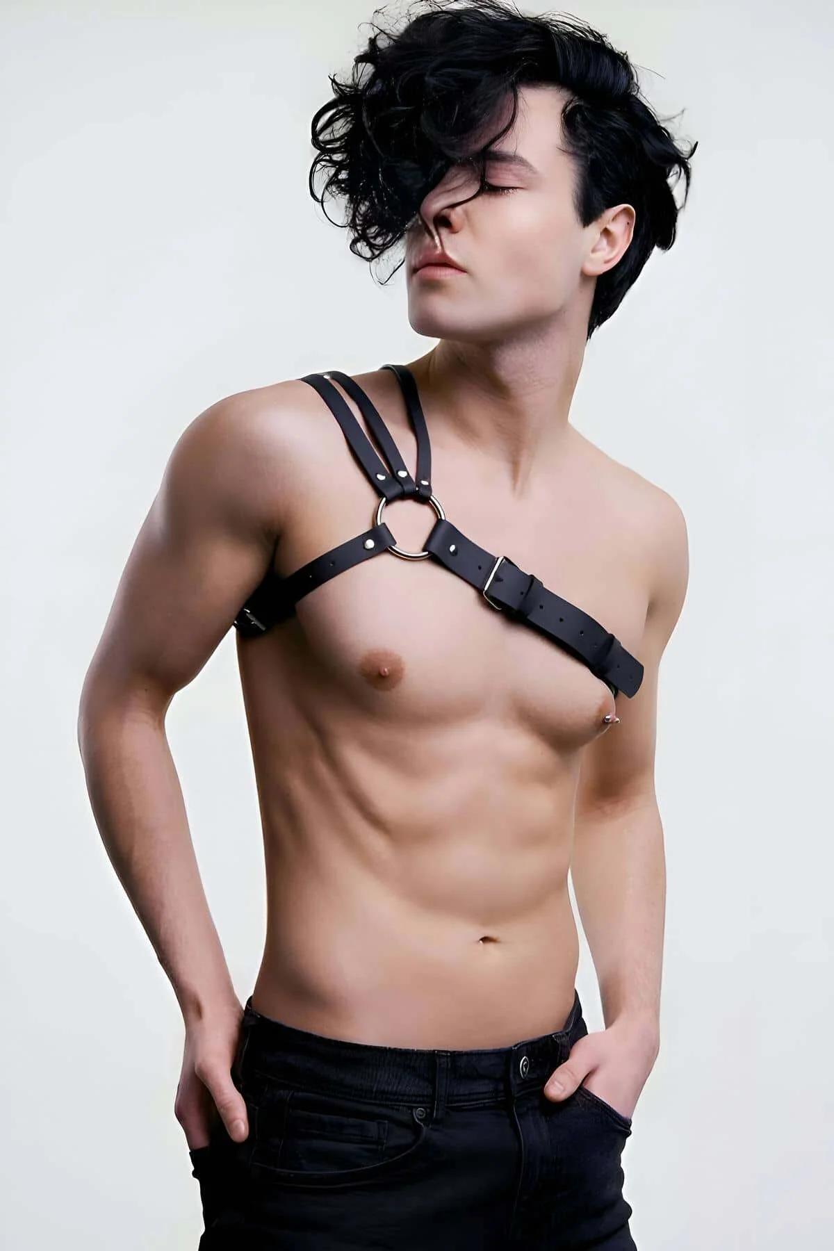 Asymmetrical Faux Leather Chest Harness with O-Ring