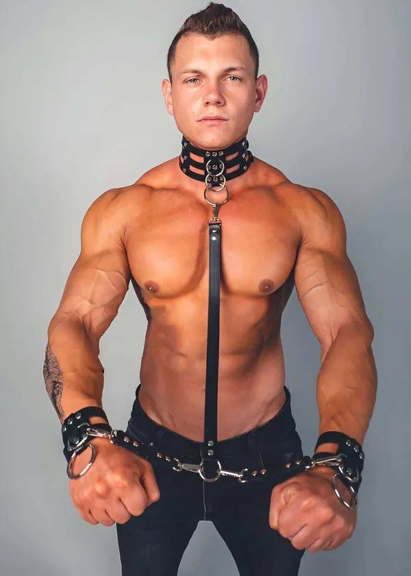 Faux Leather Collar, Cuffs & Leash Set with O-Rings