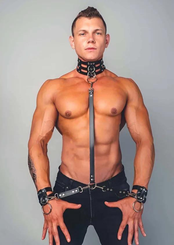 Faux Leather Collar, Cuffs & Leash Set with O-Rings