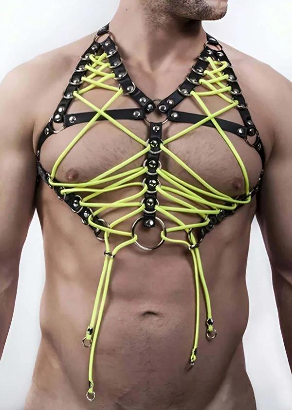 Caged Chest Harness with Neon Green Rope Lacing