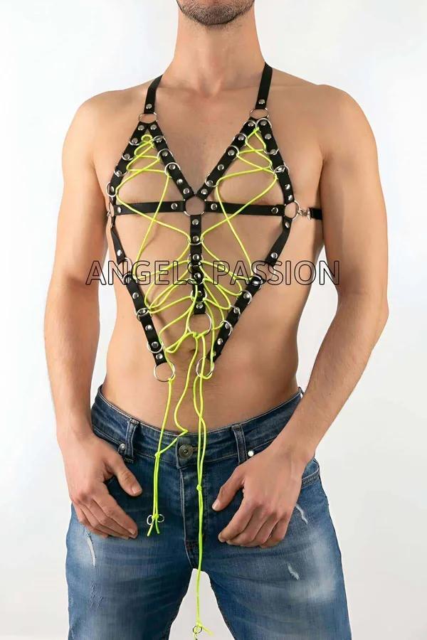 Caged Chest Harness with Neon Green Rope Lacing
