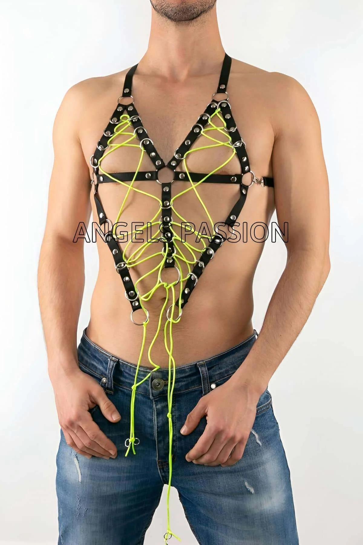 Caged Chest Harness with Neon Green Rope Lacing