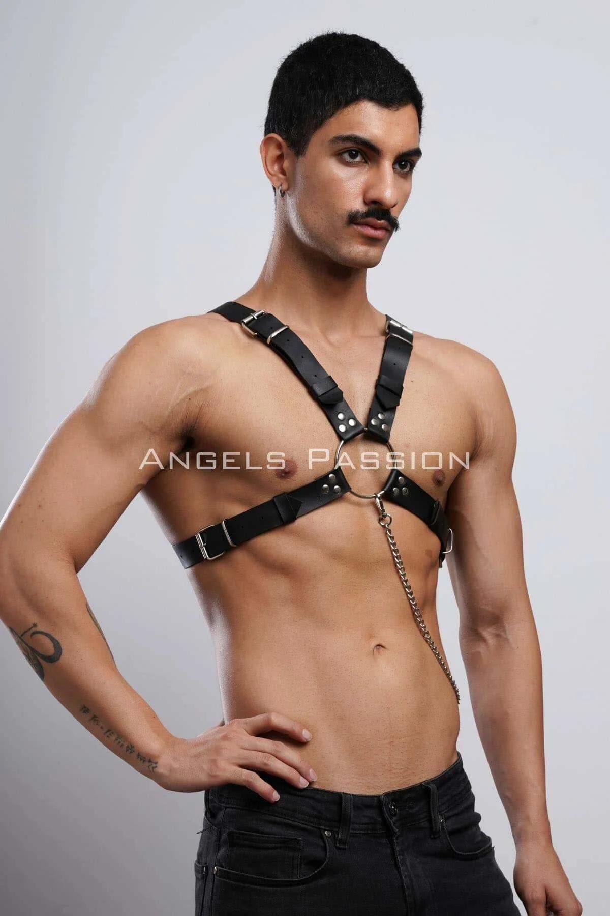 Black Faux Leather Chest Harness with Chain Detail